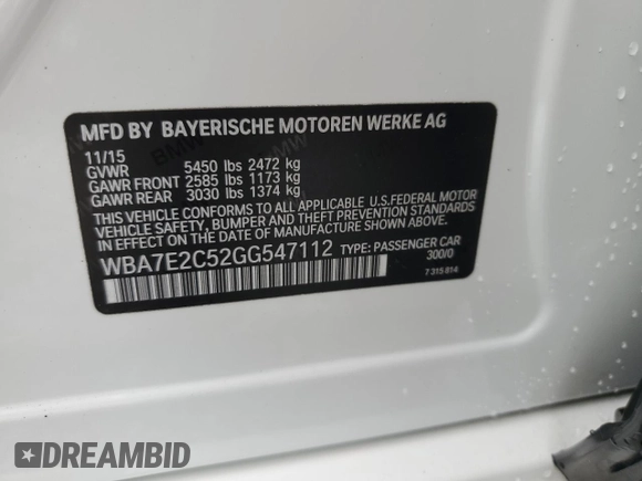 2016 BMW 7 Series 740i with VIN WBA7E2C52GG547112, listed as a Copart auction lot 63069355 with 76,867 mi miles and Salvage title. Bid and sale history available at DreamBid. Image 12.