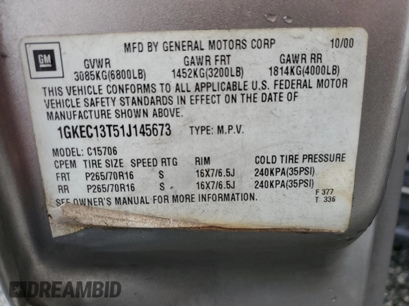 2001 GMC Yukon SLT z VIN 1GKEC13T51J145673, wystawiony jako Copart lot #83568954 z przebiegiem 310 415 mil mil oraz Szkoda całkowita • Salvage title. Historia ofert i sprzedaży dostępna na DreamBid. Obrazek 13.