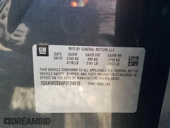 2015 Cadillac CTS AWD with VIN 1G6AW5SX8F0134518, listed as a Copart auction lot 50009215 with 91,545 mi miles and Salvage title. Bid and sale history available at DreamBid. Image 14.