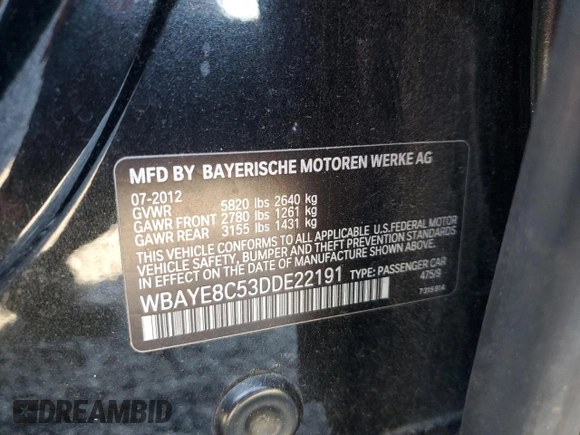 2013 BMW 7 Series 750Li with VIN WBAYE8C53DDE22191, listed as a Copart auction lot 58224424 with 176,297 mi miles and Salvage title. Bid and sale history available at DreamBid. Image 13.