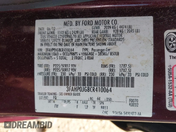 2012 Ford Fusion SEL z VIN 3FAHP0JG8CR410064, wystawiony jako IAAI lot #42290014 z przebiegiem 91 196 mil mil oraz . Historia ofert i sprzedaży dostępna na DreamBid. Obrazek 9.