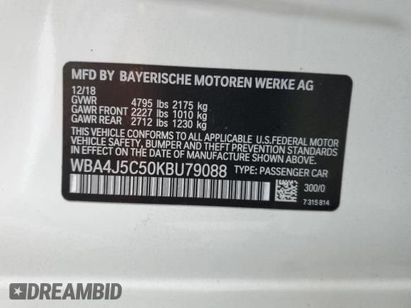 2019 BMW 4 Series 440i with VIN WBA4J5C50KBU79088, listed as a Copart auction lot 62360335 with 46,540 mi miles and Salvage title. Bid and sale history available at DreamBid. Image 12.