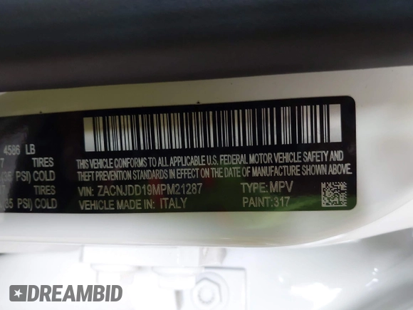 2021 Jeep Renegade Limited with VIN ZACNJDD19MPM21287, listed as a IAAI auction lot 42077387 with 44,208 mi miles and . Bid and sale history available at DreamBid. Image 9.