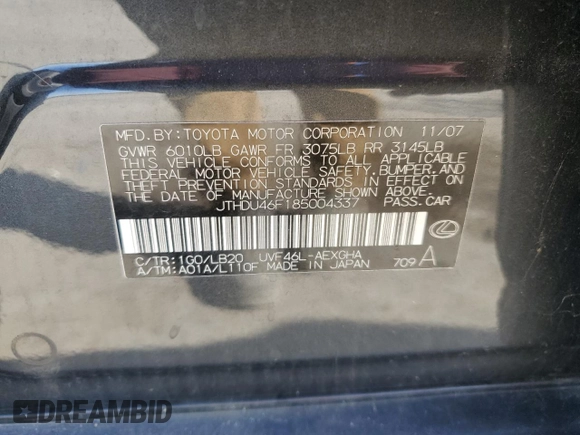 2008 Lexus LS 600h L z VIN JTHDU46F185004337, wystawiony jako Copart lot #77908074 z przebiegiem 105 245 mil mil oraz Szkoda całkowita • Salvage title. Historia ofert i sprzedaży dostępna na DreamBid. Obrazek 14.
