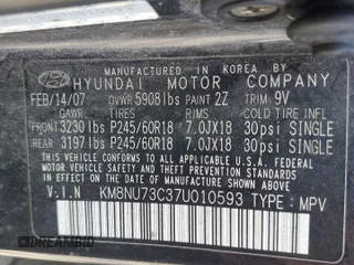2007 Hyundai Veracruz GLS with VIN KM8NU73C37U010593, listed as a Copart auction lot 54357255 with 208,725 mi miles and Clean Title. Bid and sale history available at DreamBid. Image 13.