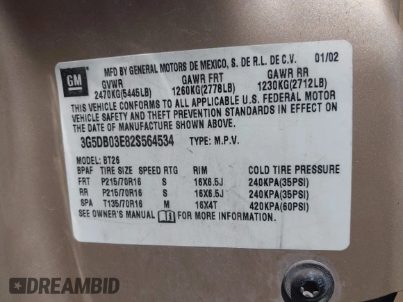 2002 Buick Rendezvous CXL with VIN 3G5DB03E82S564534, listed as a IAAI auction lot 42169742 with Not Provided miles and . Bid and sale history available at DreamBid. Image 9.