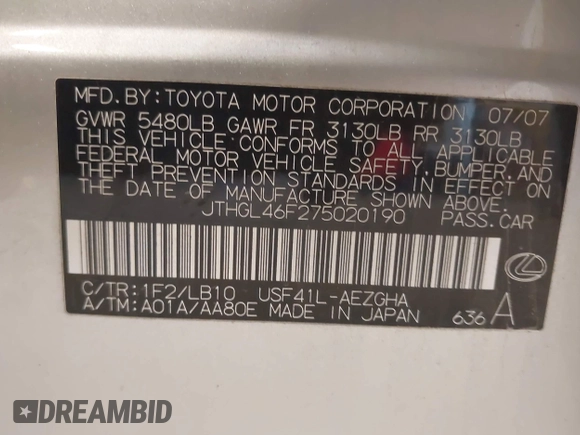2007 Lexus LS 460 L с VIN JTHGL46F275020190, выставлен на аукционе IAAI как лот 42206196 с пробегом 164 133 миль миль и . История ставок и продаж доступна на DreamBid. Изображение 9.