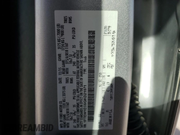 2016 Ford F-150 XLT with VIN 1FTEW1EG9GKD21971, listed as a Copart auction lot 49501915 with Not Provided miles and Salvage Title. Bid and sale history available at carsss.com. Image 15.