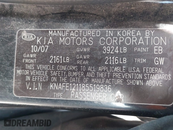 2008 Kia Spectra EX with VIN KNAFE121185519836, listed as a IAAI auction lot 42588551 with 132,221 mi miles and . Bid and sale history available at DreamBid. Image 9.