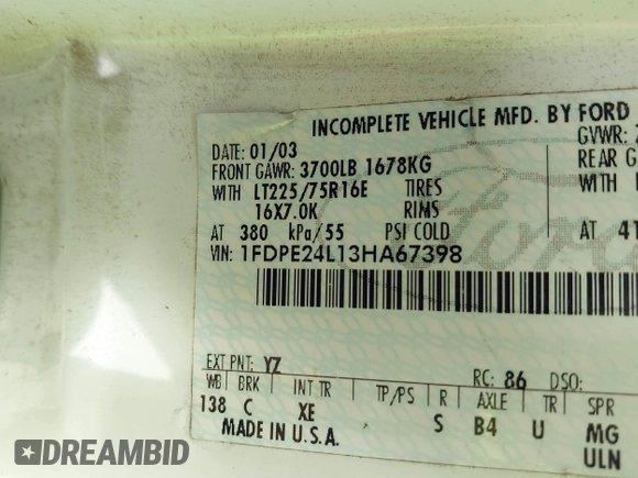 2003 Ford Econoline Cargo Recreational with VIN 1FDPE24L13HA67398, listed as a IAAI auction lot 41674471 with 321,746 mi miles and . Bid and sale history available at DreamBid. Image 9.