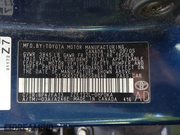 2006 Toyota Matrix STD with VIN 2T1KR32E86C568648, listed as a IAAI auction lot 41875552 with 134,042 mi miles and . Bid and sale history available at carsss.com. Image 9.