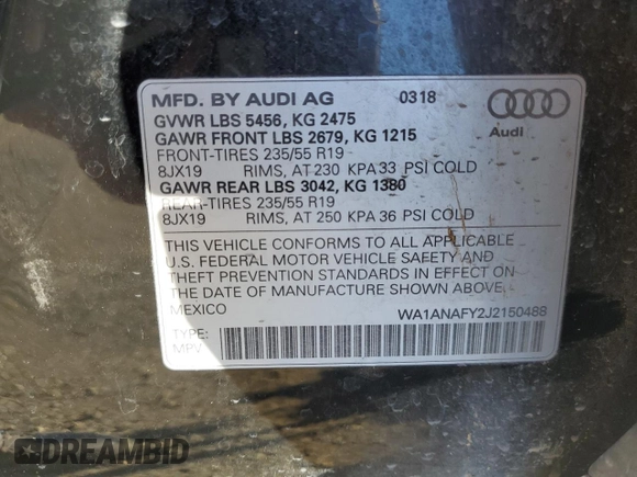 2018 Audi Q5 Premium with VIN WA1ANAFY2J2150488, listed as a Copart auction lot 81384734 with 115,333 mi miles and Salvage Title. Bid and sale history available at carsss.com. Image 15.