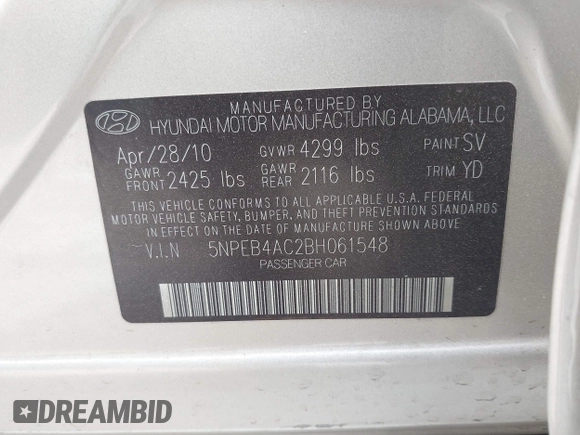 2011 Hyundai Sonata GLS with VIN 5NPEB4AC2BH061548, listed as a IAAI auction lot 42055422 with 131,366 mi miles and . Bid and sale history available at carsss.com. Image 9.