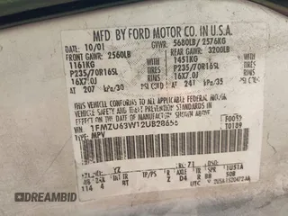 2002 Ford Explorer XLT z VIN 1FMZU63W12UB28656, wystawiony jako IAAI lot #42296498 z przebiegiem Nie podano mil oraz . Historia ofert i sprzedaży dostępna na DreamBid. Obrazek 9.