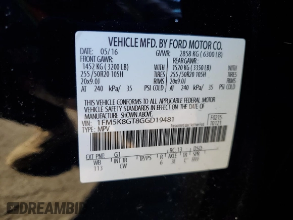 2016 Ford Explorer Sport with VIN 1FM5K8GT8GGD19481, listed as a Copart auction lot 42533825 with 93,552 mi miles and Non Repairable. Bid and sale history available at DreamBid. Image 13.