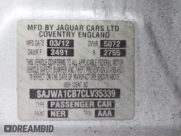 2012 Jaguar XJ with VIN SAJWA1CB7CLV35339, listed as a IAAI auction lot 41945850 with 123,501 mi miles and . Bid and sale history available at DreamBid. Image 9.