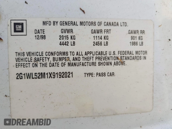1999 Chevrolet Lumina with VIN 2G1WL52M1X9192021, listed as a IAAI auction lot 42153644 with 128,727 mi miles and . Bid and sale history available at DreamBid. Image 9.