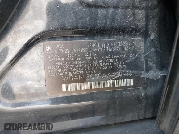 2010 BMW 3 Series 335i xDrive with VIN WBAPL3C50AA408926, listed as a Copart auction lot 47966665 with Not provided miles and Salvage title. Bid and sale history available at DreamBid. Image 12.