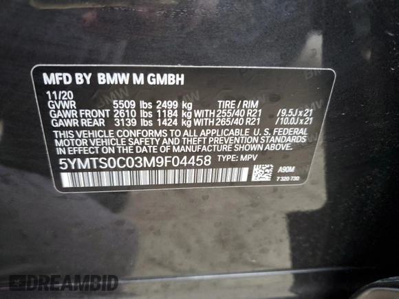2021 BMW X3 M with VIN 5YMTS0C03M9F04458, listed as a Copart auction lot 42162245 with 52,156 mi miles and Salvage title. Bid and sale history available at DreamBid. Image 14.
