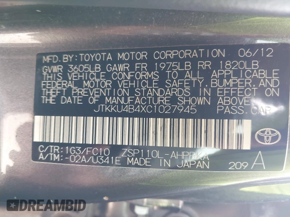2012 Scion xD with VIN JTKKU4B4XC1027945, listed as a IAAI auction lot 42534786 with 215,651 mi miles and . Bid and sale history available at DreamBid. Image 9.