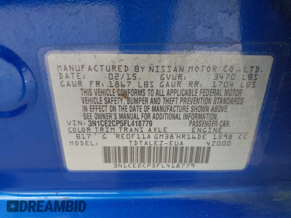 2015 Nissan Note SR with VIN 3N1CE2CP5FL418779, listed as a IAAI auction lot 42303224 with 190,826 mi miles and . Bid and sale history available at DreamBid. Image 9.