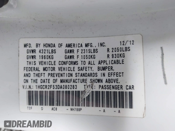 2013 Honda Accord Sport with VIN 1HGCR2F53DA080283, listed as a IAAI auction lot 42190121 with 205,634 mi miles and . Bid and sale history available at DreamBid. Image 9.