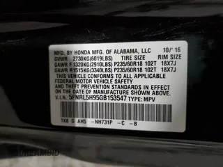 2016 Honda Odyssey Touring Elite with VIN 5FNRL5H95GB153547, listed as a Copart auction lot 45318635 with Not Provided miles and Salvage Title. Bid and sale history available at carsss.com. Image 13.