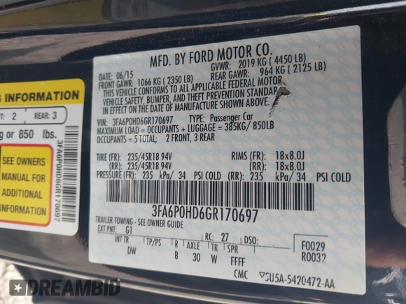 2016 Ford Fusion SE with VIN 3FA6P0HD6GR170697, listed as a IAAI auction lot 42076822 with 114,477 mi miles. Bid and sale history available at carsss.com. Image 9.