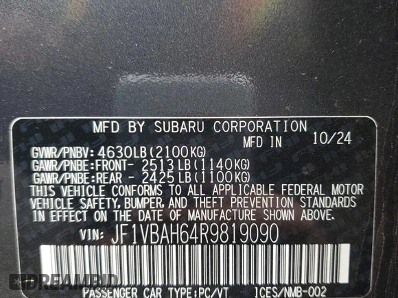2024 Subaru WRX Premium with VIN JF1VBAH64R9819090, listed as a Copart auction lot 56002675 with 1,096 mi miles and Salvage title. Bid and sale history available at DreamBid. Image 12.