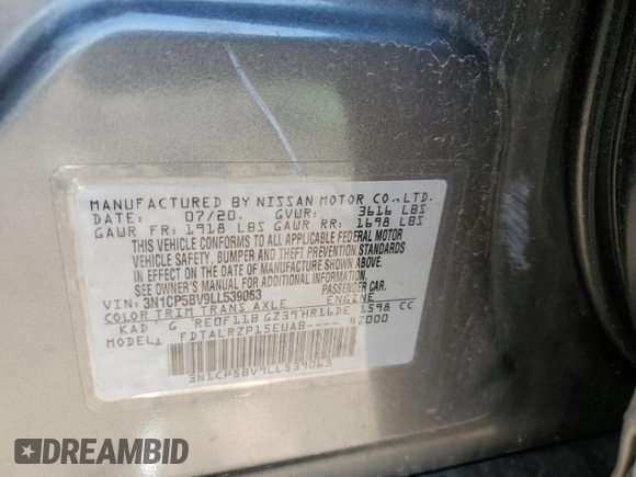 2020 Nissan Kicks S z VIN 3N1CP5BV9LL539063, wystawiony jako Copart lot #56322625 z przebiegiem 78 335 mil mil oraz Szkoda całkowita • Salvage title. Historia ofert i sprzedaży dostępna na DreamBid. Obrazek 12.