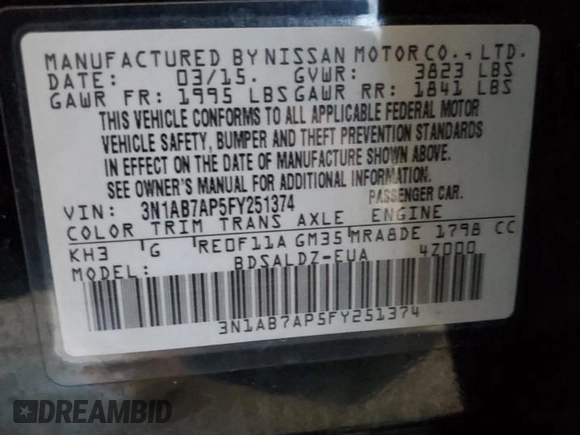 2015 Nissan Sentra SV with VIN 3N1AB7AP5FY251374, listed as a Copart auction lot 42696795 with 131,713 mi miles and Clean Title. Bid and sale history available at DreamBid. Image 12.