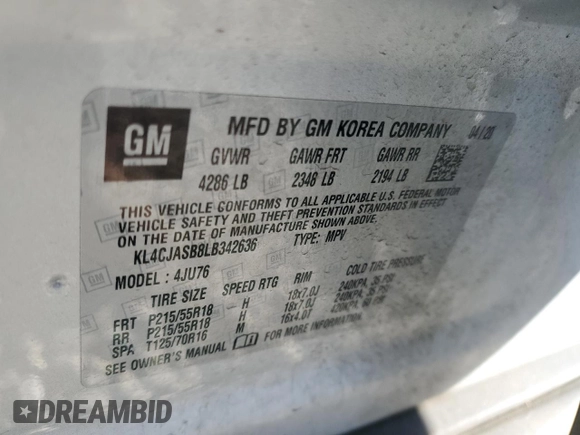 2020 Buick Encore Preferred with VIN KL4CJASB8LB342636, listed as a Copart auction lot 46367495 with 57,517 mi miles and Salvage Title. Bid and sale history available at DreamBid. Image 14.