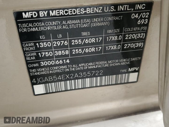 2002 Mercedes-Benz M-Class with VIN 4JGAB54EX2A355722, listed as a Copart auction lot 79066764 with 170,858 mi miles and Salvage Title. Bid and sale history available at carsss.com. Image 12.