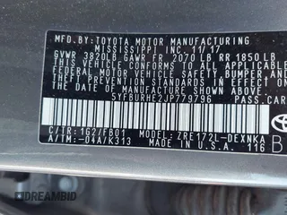 2018 Toyota Corolla L z VIN 5YFBURHE2JP779796, wystawiony jako IAAI lot #41796329 z przebiegiem 44 012 mil mil oraz . Historia ofert i sprzedaży dostępna na DreamBid. Obrazek 9.