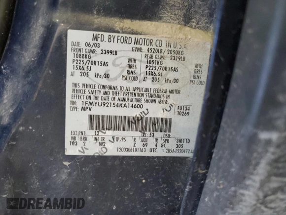 2004 Ford Escape XLS with VIN 1FMYU92154KA14600, listed as a Copart auction lot 83101474 with 305,444 mi miles and Salvage Title. Bid and sale history available at DreamBid. Image 14.