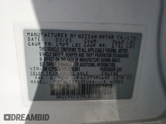 2023 Nissan Kicks SV with VIN 3N1CP5CV7PL526381, listed as a Copart auction lot 48503015 with 14,808 mi miles and Salvage Title. Bid and sale history available at DreamBid. Image 13.