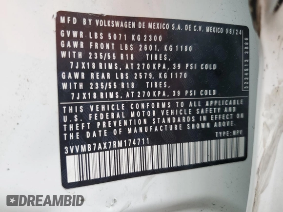 2024 Volkswagen Tiguan SE with VIN 3VVMB7AX7RM174711, listed as a Copart auction lot 56781655 with 7,253 mi miles and Salvage title. Bid and sale history available at DreamBid. Image 13.