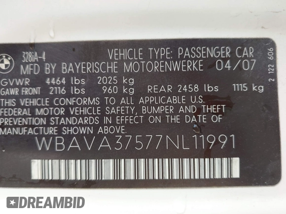 2007 BMW 3 Series 328i with VIN WBAVA37577NL11991, listed as a IAAI auction lot 42546909 with 185,804 mi miles and . Bid and sale history available at DreamBid. Image 9.