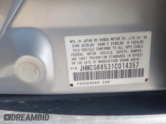 2001 Honda Accord LX with VIN JHMCG66531C014357, listed as a IAAI auction lot 42038445 with 171,864 mi miles and . Bid and sale history available at DreamBid. Image 9.