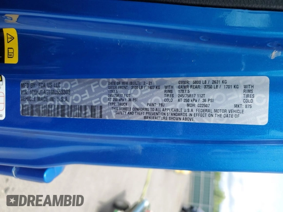 2021 Jeep Gladiator Freedom с VIN 1C6HJTAG7ML553303, выставлен на аукционе Copart как лот 57038585 с пробегом 49 400 миль миль и Списание • Salvage title. История ставок и продаж доступна на DreamBid. Изображение 12.