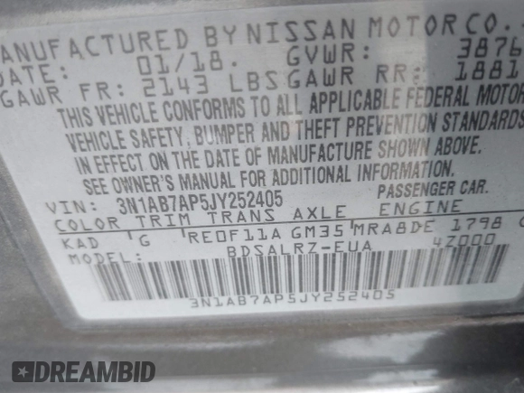 2018 Nissan Sentra S with VIN 3N1AB7AP5JY252405, listed as a IAAI auction lot 41953734 with 26,181 mi miles and . Bid and sale history available at DreamBid. Image 9.