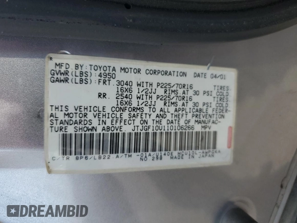 2001 Lexus RX 300 with VIN JTJGF10U110106266, listed as a Copart auction lot 71584334 with 245,561 mi miles and Salvage Title. Bid and sale history available at carsss.com. Image 15.