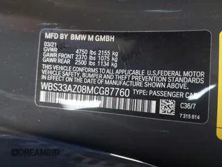 2021 BMW M4 Competition with VIN WBS33AZ08MCG87760, listed as a IAAI auction lot 41678689 with 18,780 mi miles. Bid and sale history available at carsss.com. Image 9.