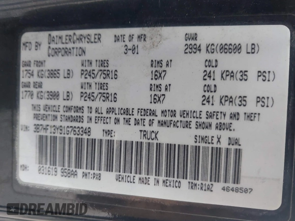 2001 Dodge 1500 with VIN 3B7HF13Y91G763348, listed as a IAAI auction lot 41510274 with 207,408 mi miles and . Bid and sale history available at DreamBid. Image 9.