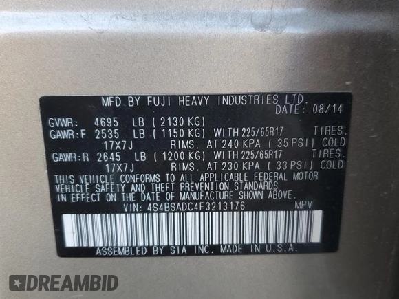 2015 Subaru Outback Premium with VIN 4S4BSADC4F3213176, listed as a Copart auction lot 56256825 with 100,841 mi miles and Salvage title. Bid and sale history available at DreamBid. Image 13.