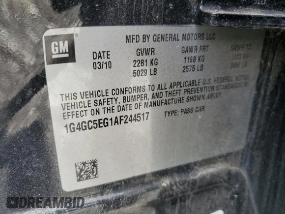 2010 Buick LaCrosse CXL with VIN 1G4GC5EG1AF244517, listed as a Copart auction lot 60802815 with Not provided miles and Salvage title. Bid and sale history available at DreamBid. Image 12.
