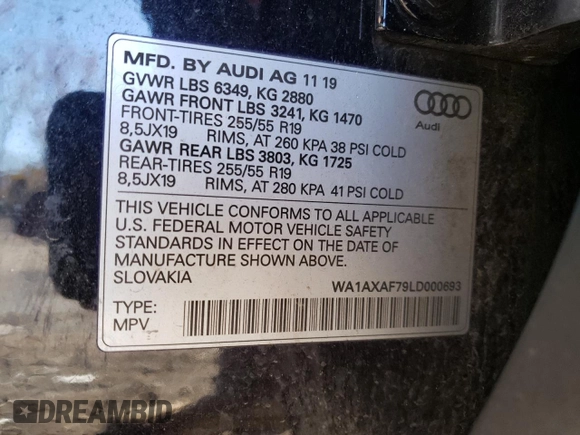 2020 Audi Q7 Premium with VIN WA1AXAF79LD000693, listed as a Copart auction lot 52696995 with 46,631 mi miles and Salvage Title. Bid and sale history available at carsss.com. Image 13.