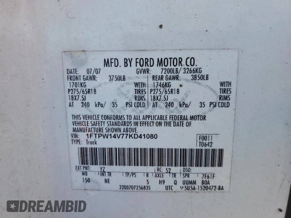 2007 Ford F-150 XLT с VIN 1FTPW14V77KD41080, выставлен на аукционе Copart как лот 64859035 с пробегом Не указан миль и Чистый • Clean title. История ставок и продаж доступна на DreamBid. Изображение 12.