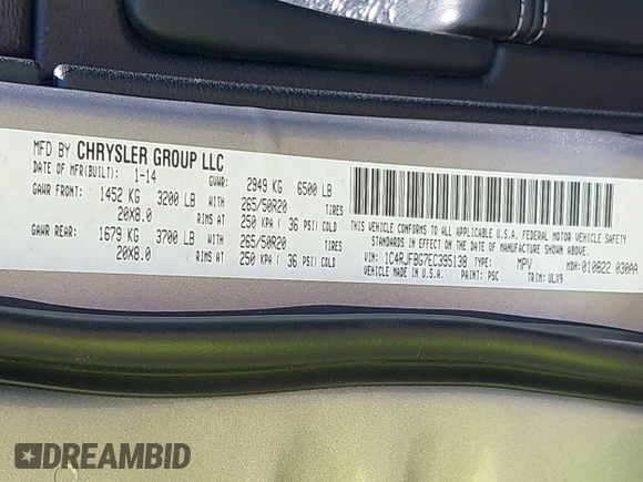 2014 Jeep Grand Cherokee Limited with VIN 1C4RJFBG7EC395138, listed as a IAAI auction lot 42117356 with 202,995 mi miles. Bid and sale history available at carsss.com. Image 9.