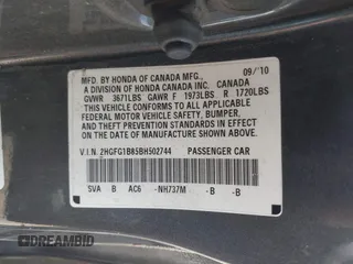 2011 Honda Civic Cpe EX with VIN 2HGFG1B85BH502744, listed as a IAAI auction lot 42010434 with 266,293 mi miles. Bid and sale history available at carsss.com. Image 9.